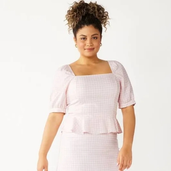 Draper James Top Womens Medium Pink White Gingham Linen Crop Smocked Shirt - Picture 1 of 12
